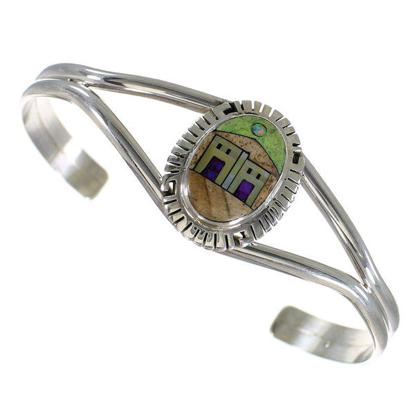 Southwest Sterling Silver And Multicolor Inlay Native American Village Design Bracelet VX63935